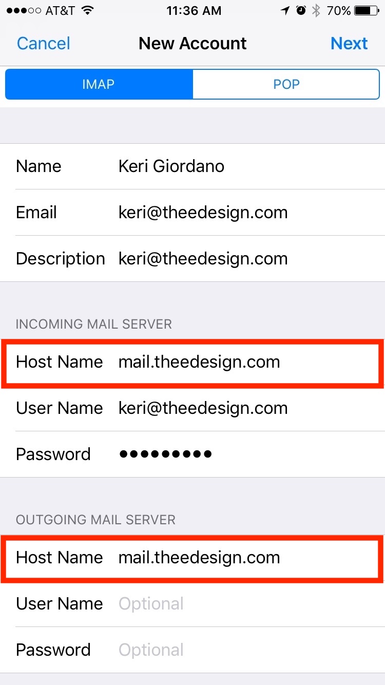 iphone incoming mail server host name